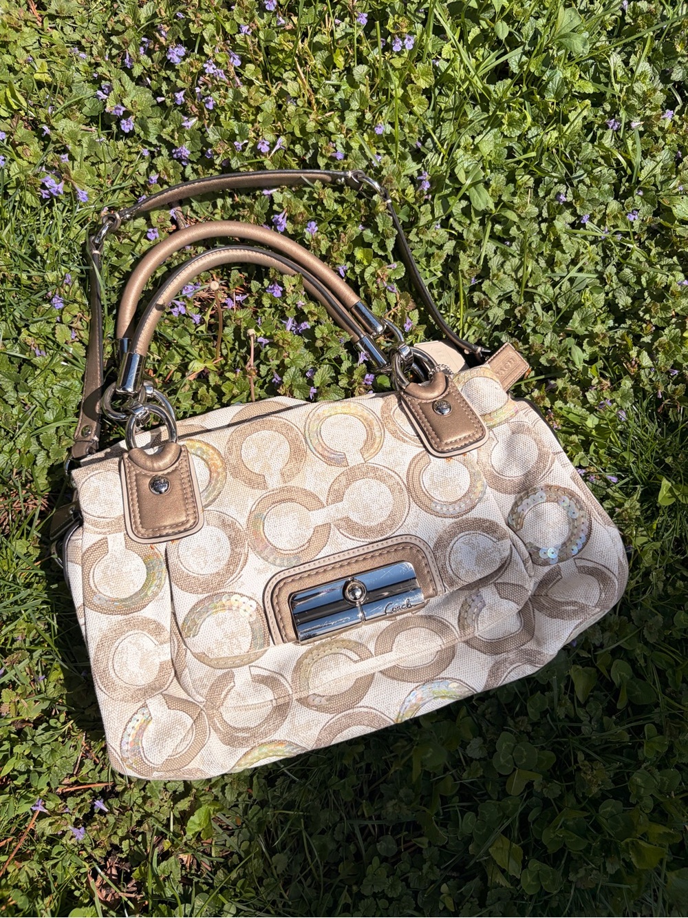 Coach Beige Signature Logo Satchel with Gold-Tone Hardware